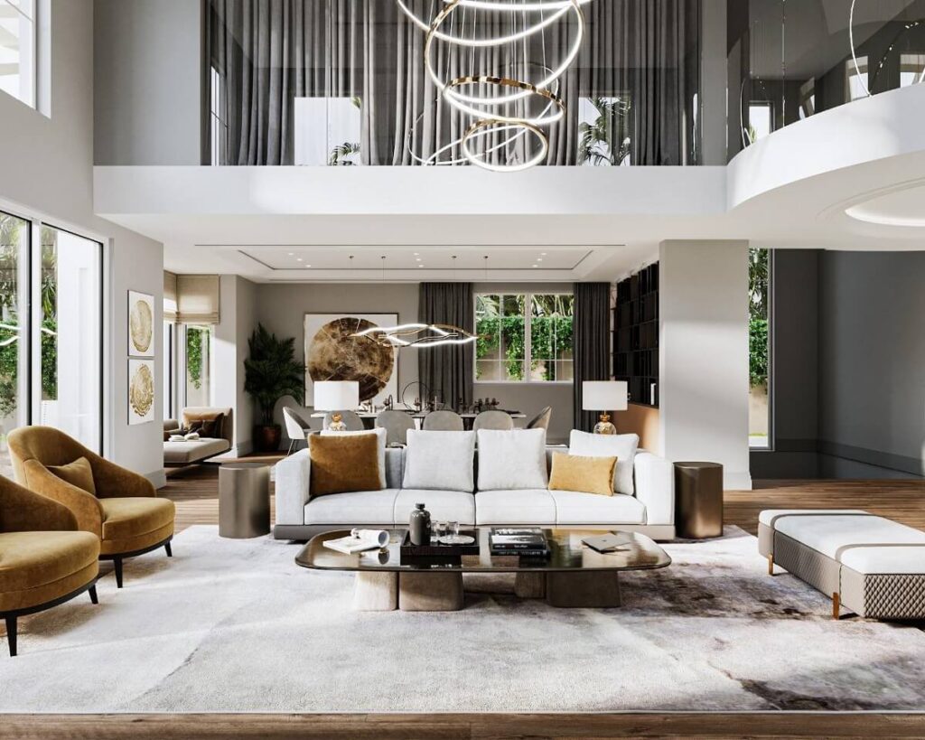 סלון מרווח ומעוצב עם ספה, כורסאות, שולחן סלון ומעלית פנימית.