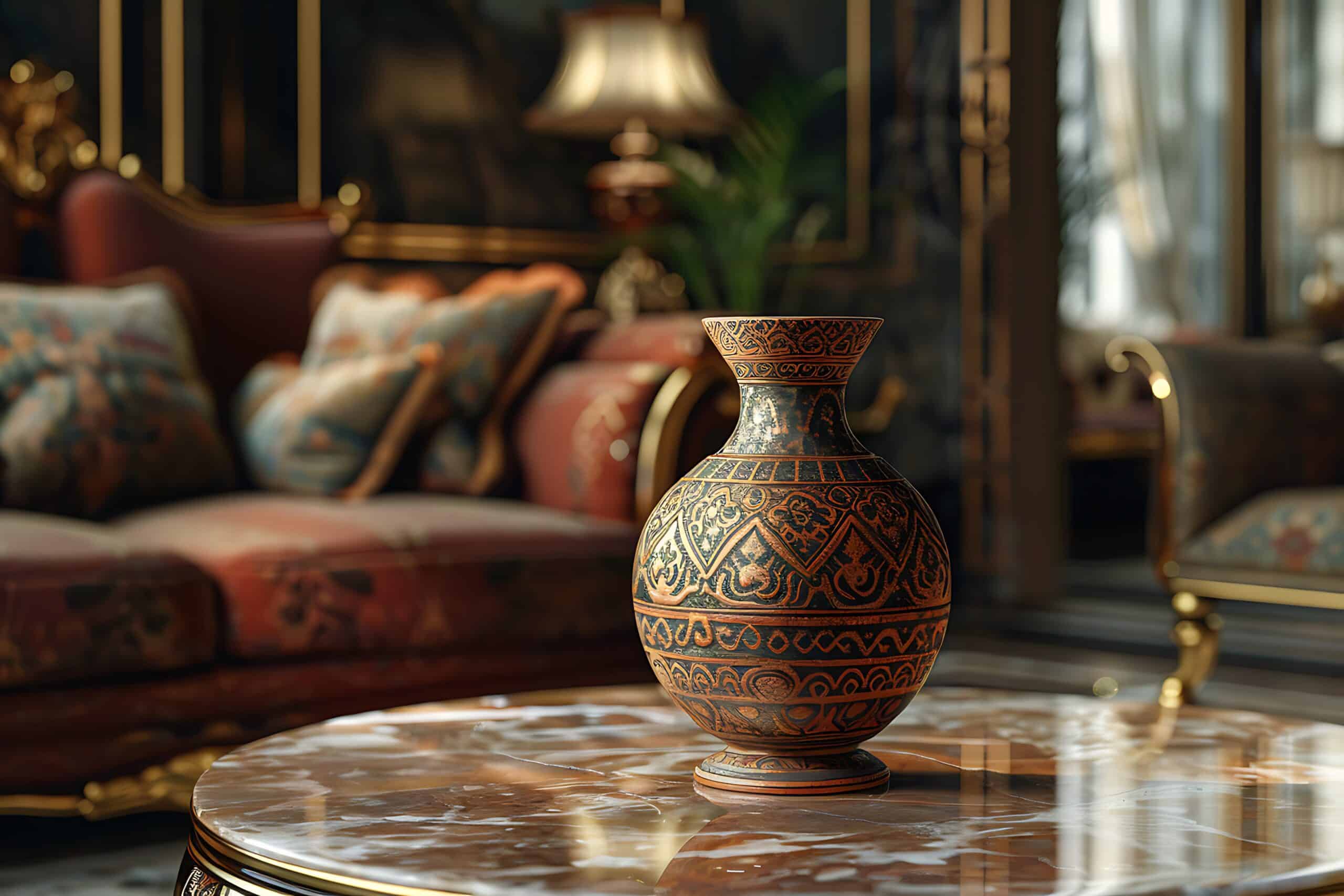 חלל סלון בעיצוב פנים כפרי עם שולחן שליו מונח כד היסטורי