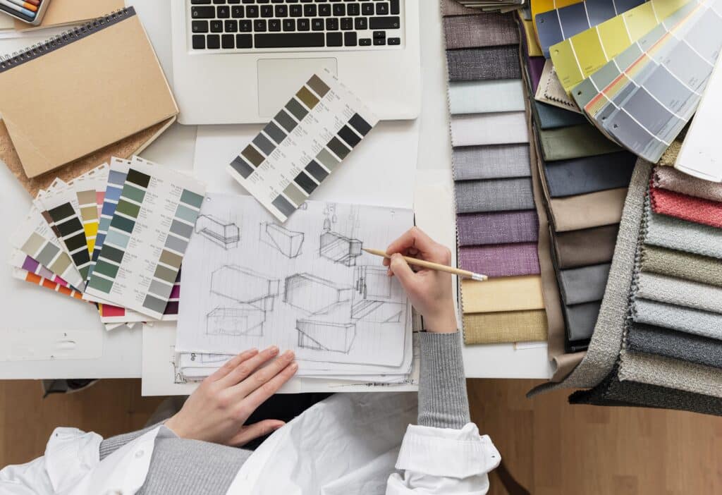 פלטת צבעים ושרטוטים של אדריכלות ועיצוב פנים