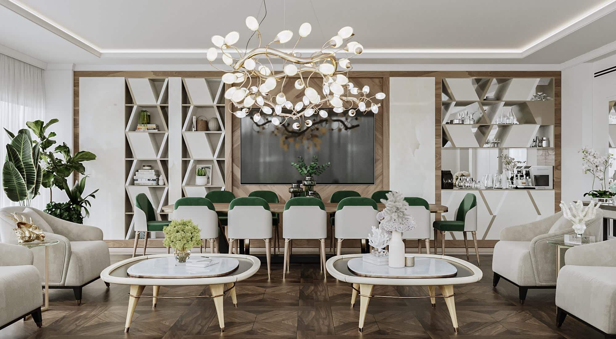 חדר אוכל וסלון מעוצבים עם שולחן ארוך, כיסאות ירוקים ולבנים, ספריות גיאומטריות, שתי כורסאות בהירות וש