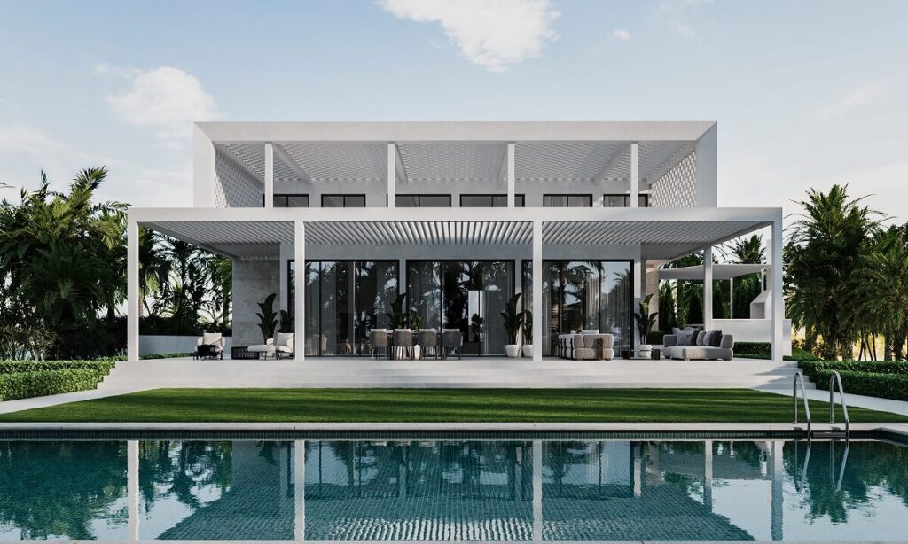בית לבן מודרני עם פרגולה גדולה, חלונות זכוכית גדולים, בריכת שחייה וצמחייה טרופית.
