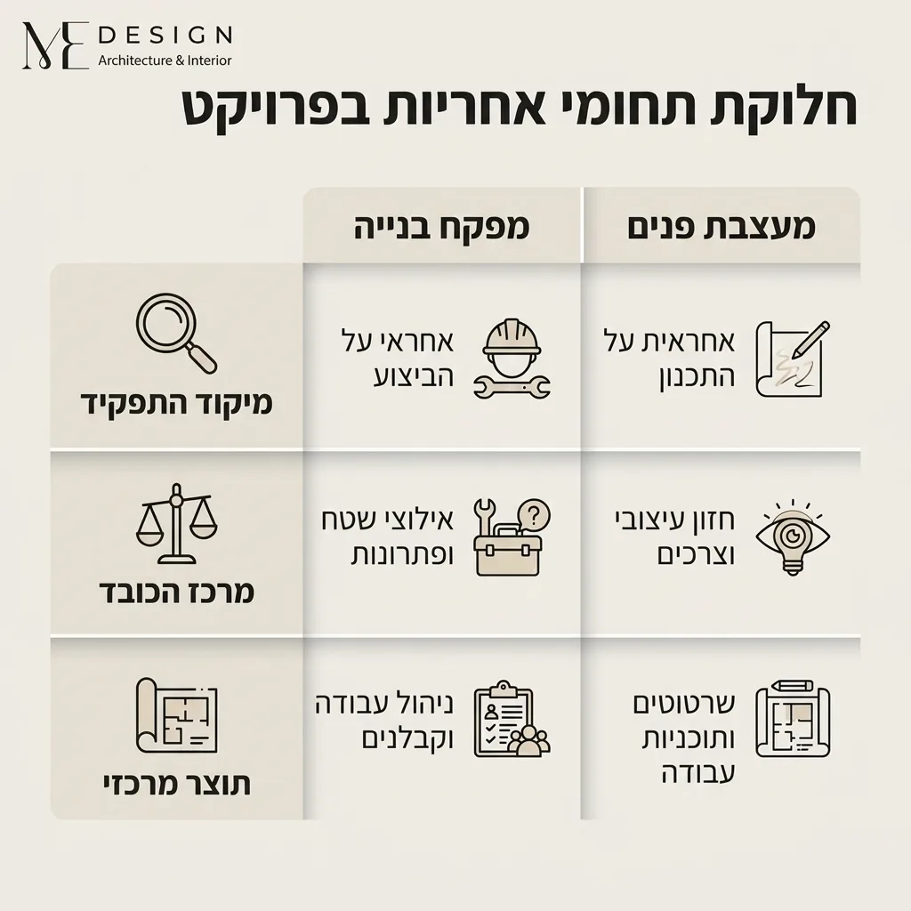 אינפוגרפיקה — חלוקת תחומי אחריות בפרויקט: השוואה בין מעצבת פנים, מפקח בנייה