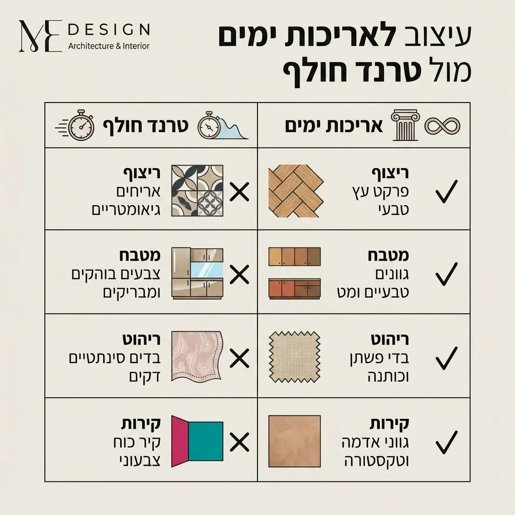 אינפוגרפיקה — עיצוב לאריכות ימים מול טרנד חולף: השוואה בין טרנד חולף, אריכות ימים