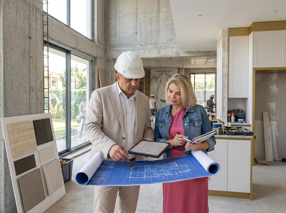 צילום מקצועי של מפקח בנייה עם קסדה לבנה מסתכל על תוכנית עבודה הנדסית יחד עם מעצבת פנים, עומדים באתר בנייה של וילה בשלבי עבודה מתקדמים, תאורת יום טבעית.