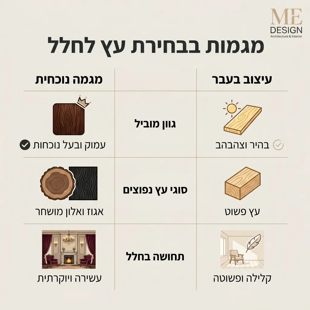 אינפוגרפיקה — מגמות בבחירת עץ לחלל: השוואה בין עיצוב בעבר, מגמה נוכחית