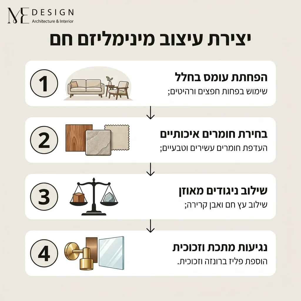 אינפוגרפיקה — יצירת עיצוב מינימליזם חם: הפחתת עומס בחלל, בחירת חומרים איכותיים, שילוב ניגודים מאוזן, נגיעות מתכת וזכוכית