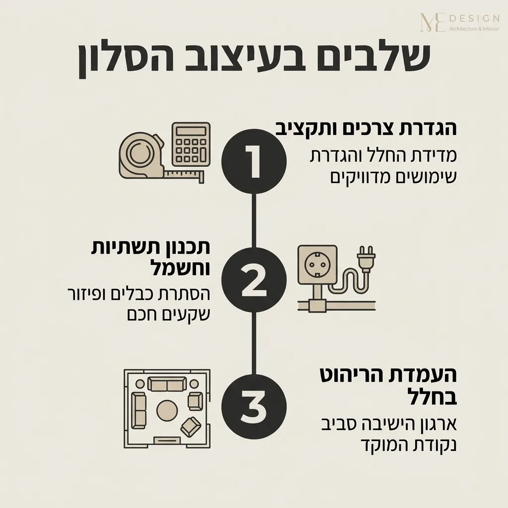 אינפוגרפיקה — שלבים בעיצוב הסלון: הגדרת צרכים ותקציב, תכנון תשתיות וחשמל, העמדת הריהוט בחלל