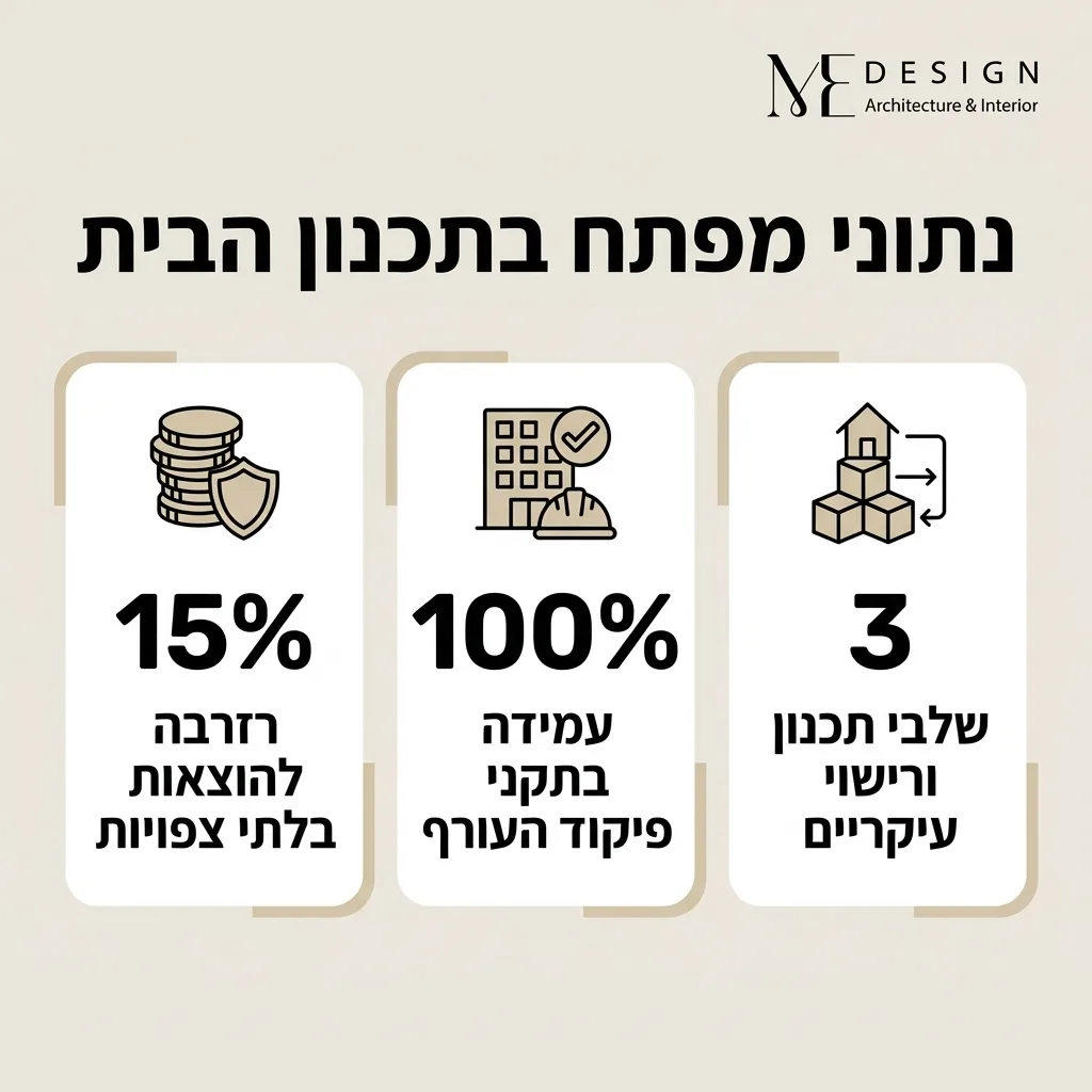 אינפוגרפיקה — נתוני מפתח בתכנון הבית: רזרבה להוצאות בלתי צפויות, עמידה בתקני פיקוד העורף, שלבי תכנון ורישוי עיקריים